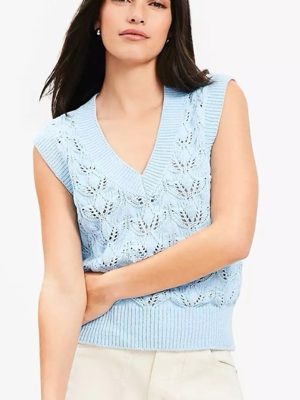 LOFT Light Blue Crochet Vest Lightweight 100% Cotton Coastal Summer Size Small